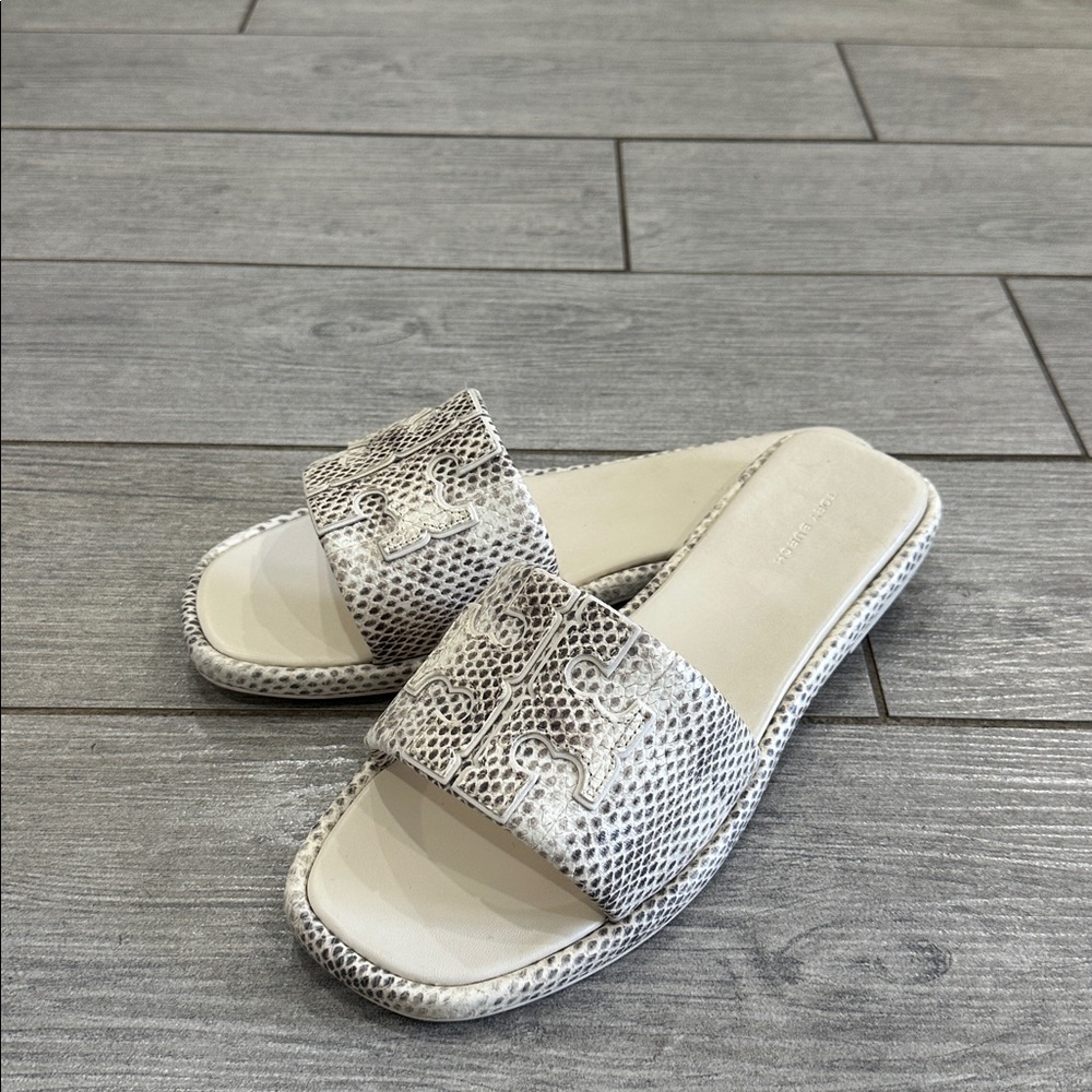 Tory Burch Double T Leather Snake Embossed Smoke Roccia Slides - Picture 3 of 9